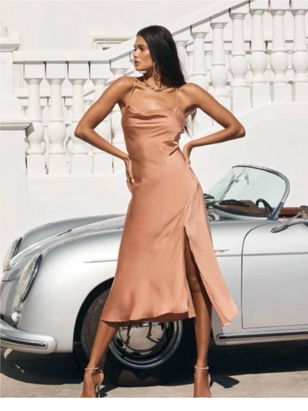 ASTR Satin Slip Midi Dress with Side Slit - Rose Gold / Champagne Blush